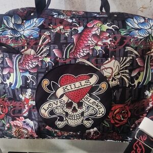 Ed Hardy Colorful Skull and Parrot Duffel Bag